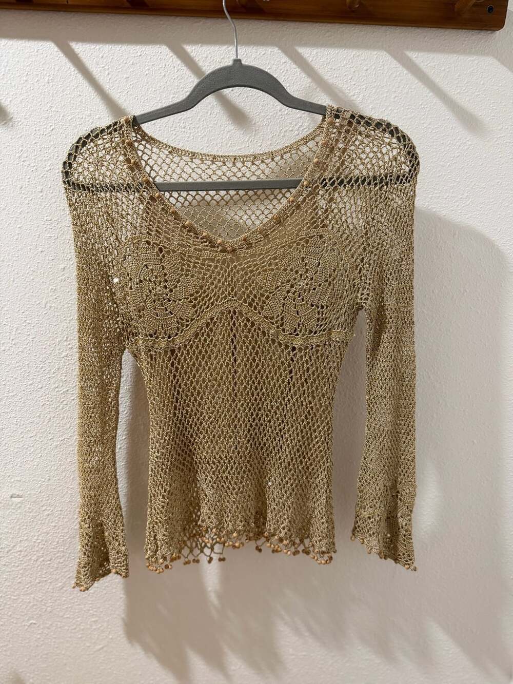 Vintage Metallic Gold Crochet Long Sleeve Beaded Top